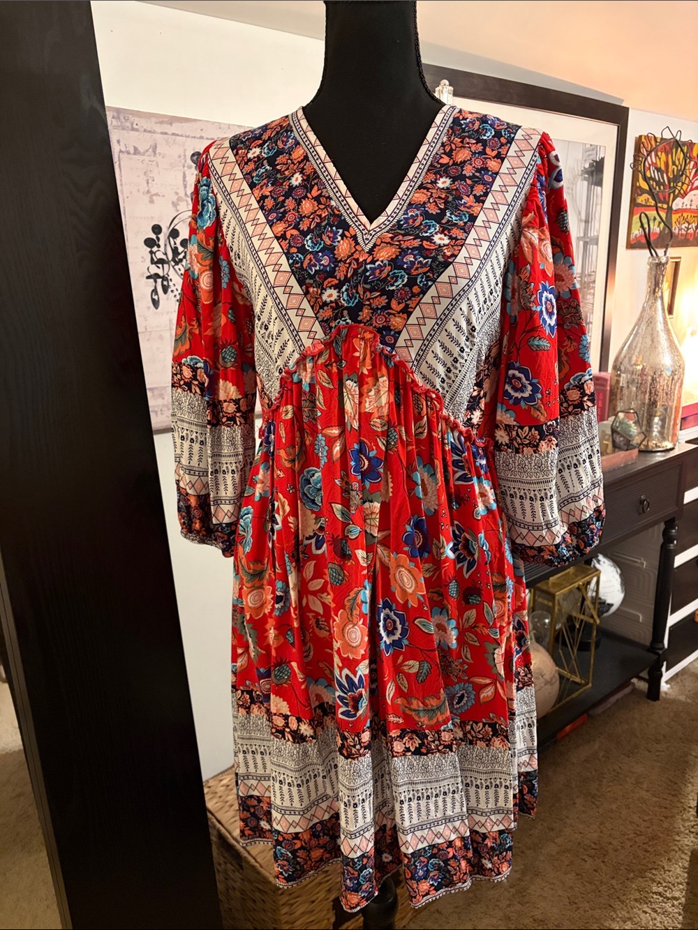 Red Floral Boho V-Neck Mini Dress